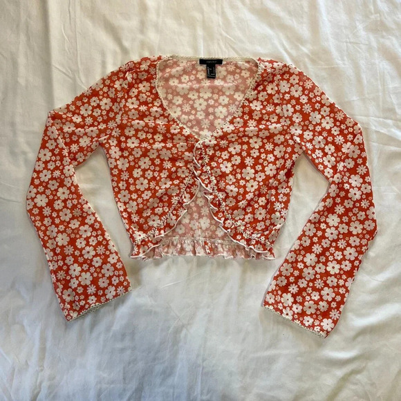 Forever 21 | Retro Inspired Burnt Orange White Flower Longsleeve Crop | Size L - Picture 1 of 8